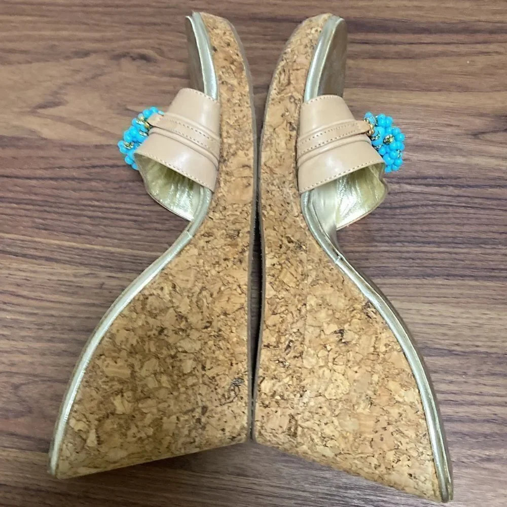 De Martino Capri Cork Wedge Leather Sandal with Turquoise & Gold Beads. Size 8.